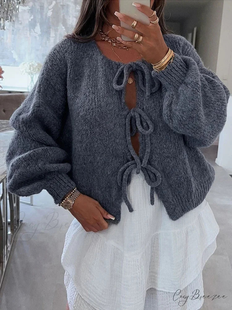 Loose V-Neck Tie Front Knit Cardigan cardigans-241228