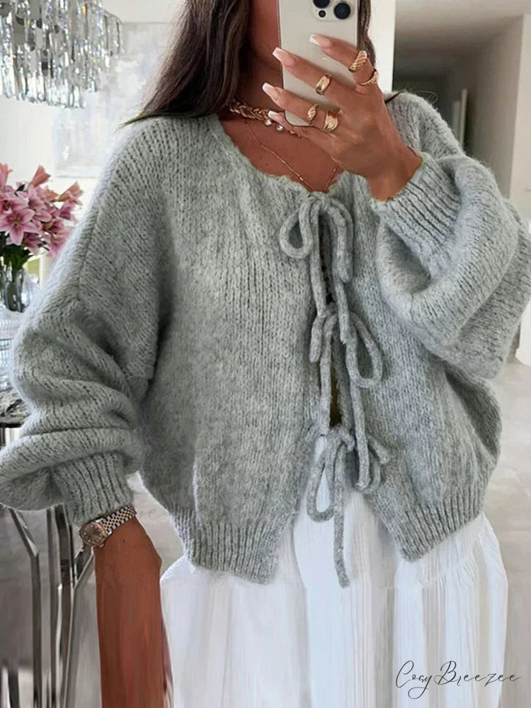 Loose V-Neck Tie Front Knit Cardigan green / S cardigans-241228