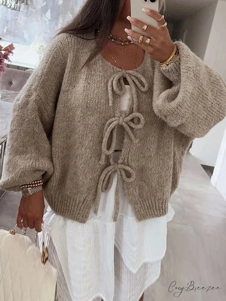 Loose V-Neck Tie Front Knit Cardigan grey / S cardigans-241228