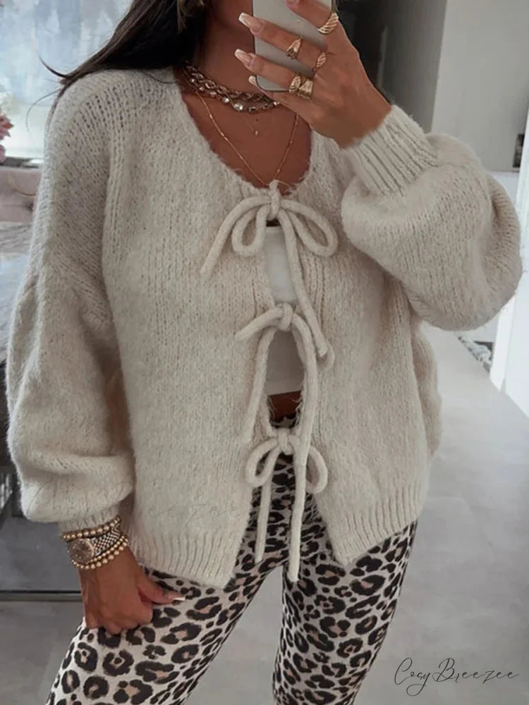 Loose V-Neck Tie Front Knit Cardigan white / S cardigans-241228