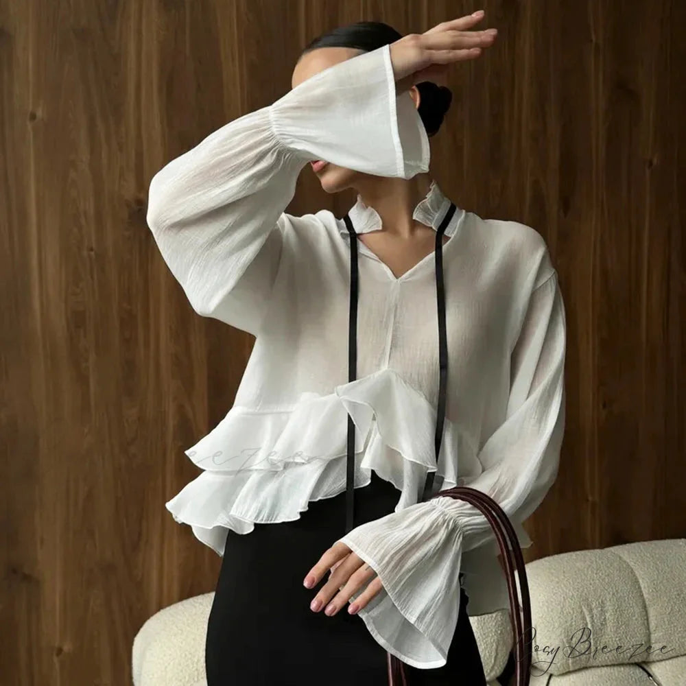 Loose White Frilled Shirt blouse-250223