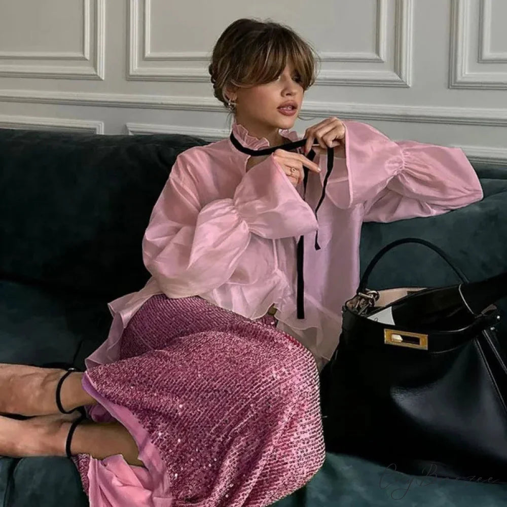 Loose White Frilled Shirt Pink / S blouse-250223