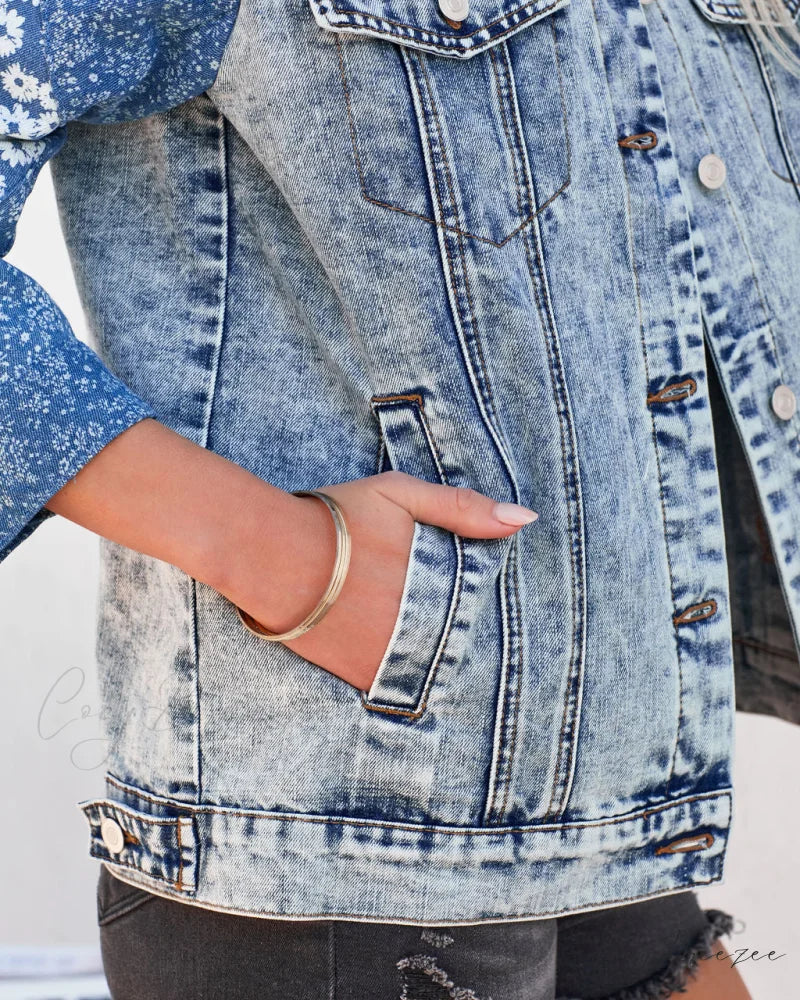 Lotus Patchwork Denim Jacket with Pockets