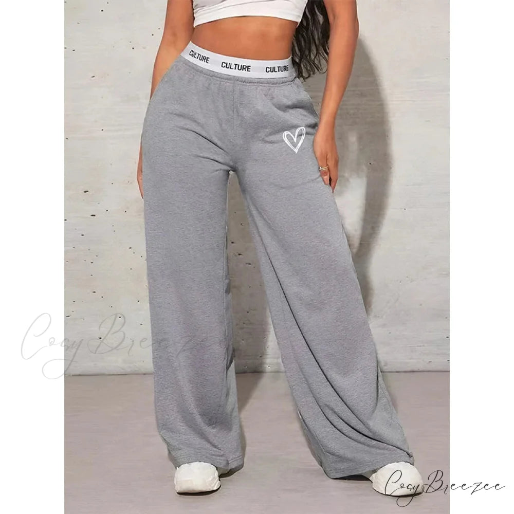 Love Print Casual Wide Leg Pants GRAY / XS pants-241228