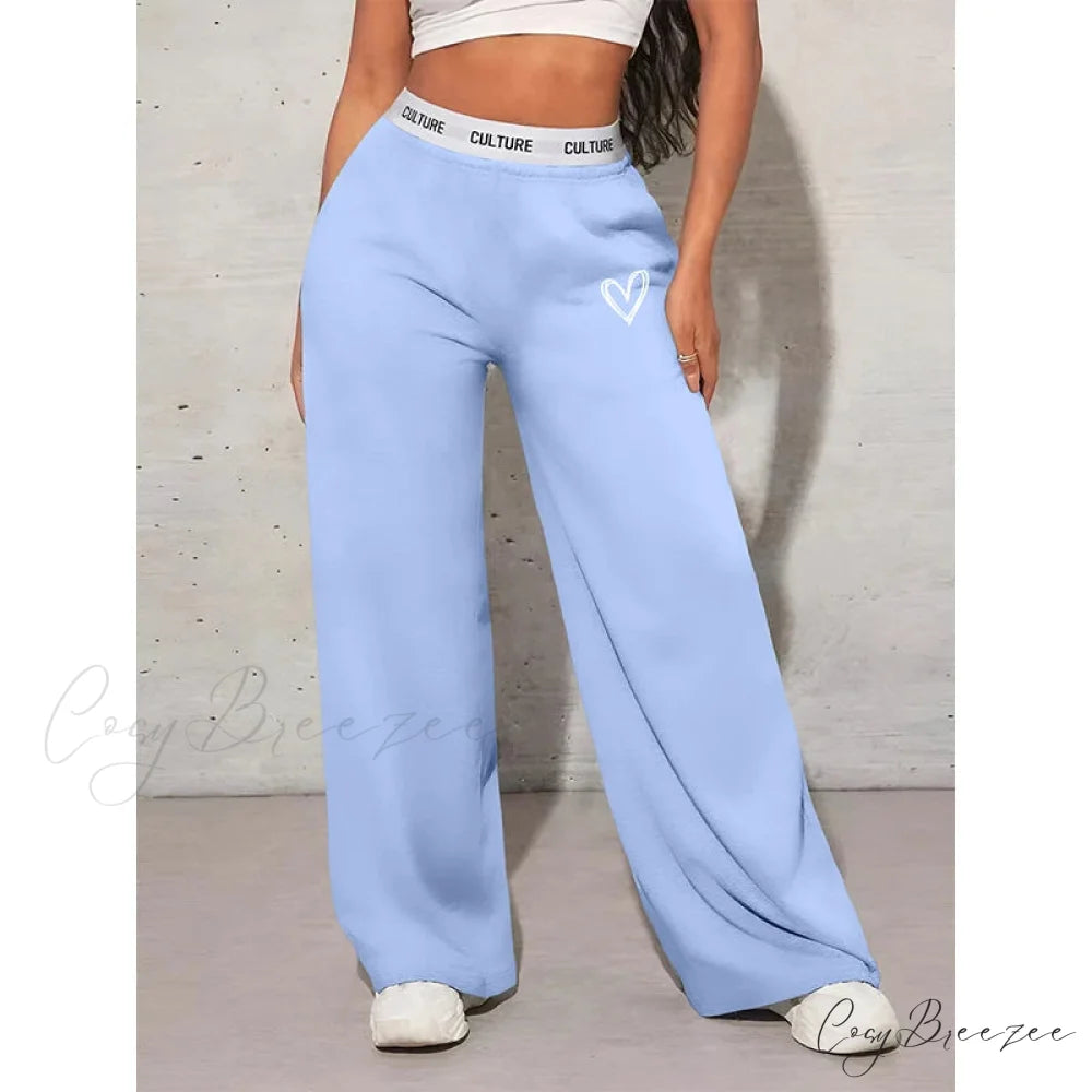 Love Print Casual Wide Leg Pants Light Blue / XS pants-241228