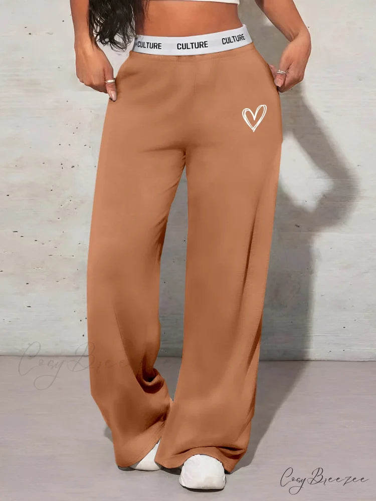 Love Print Casual Wide Leg Pants Light Brown / XS pants-241228