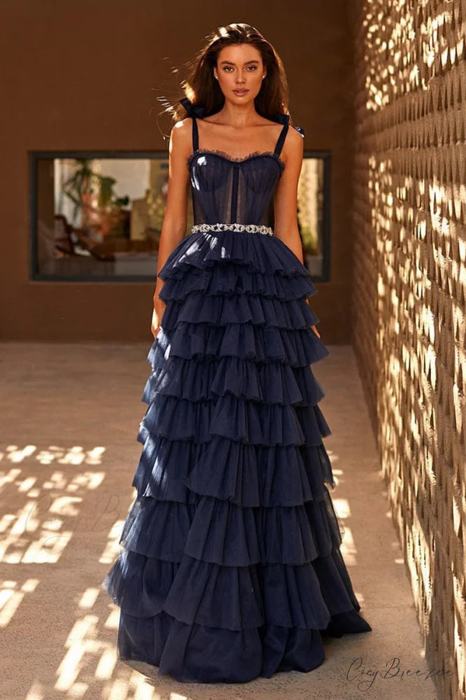 Love Stays True Trendy Frill-Layered Tulle Maxi Dress Navy Blue / 2