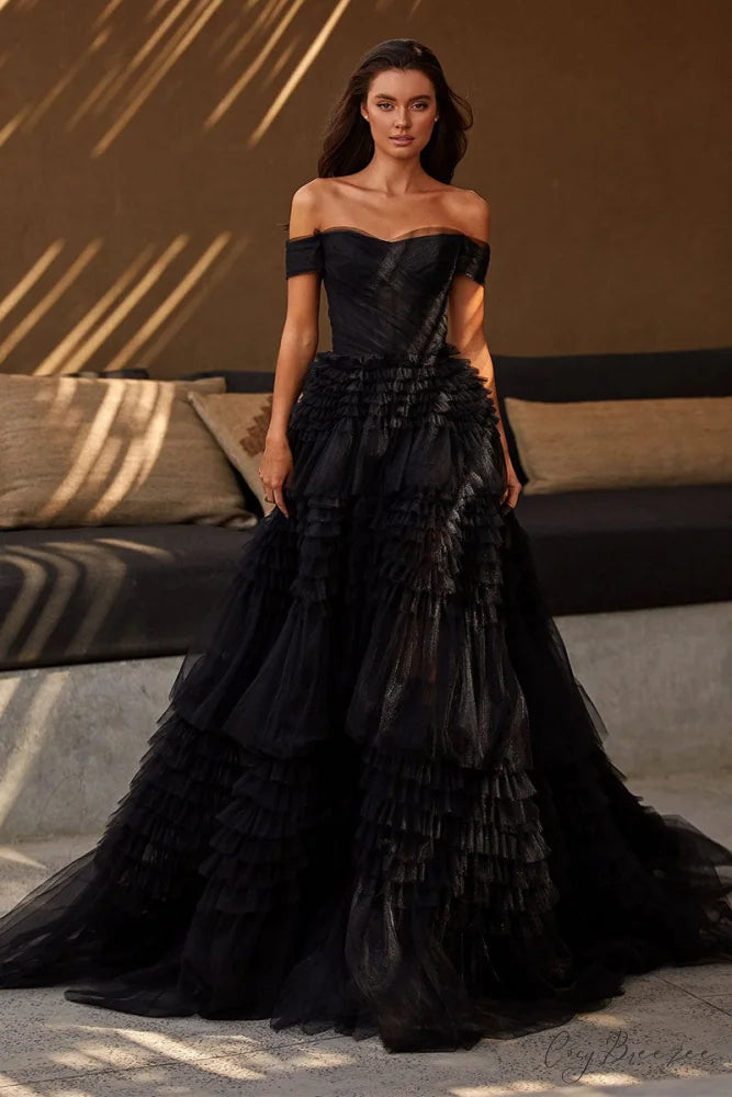 Love You So Trendy Off-The-Shoulder Frill-Layered Maxi Dress Black / 2