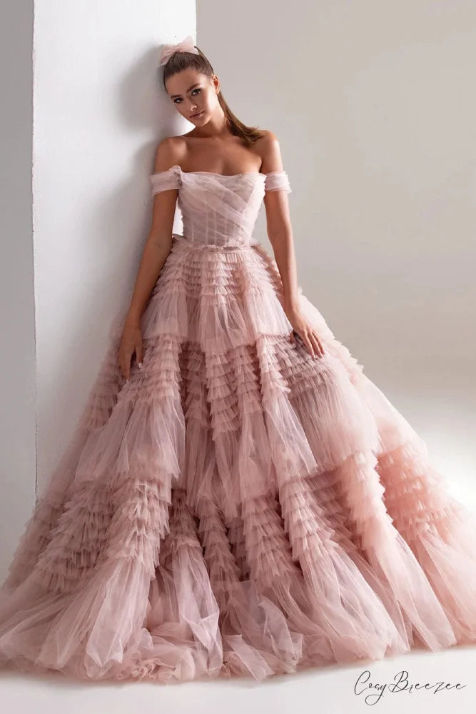 Love You So Trendy Off-The-Shoulder Frill-Layered Maxi Dress Blush / 2