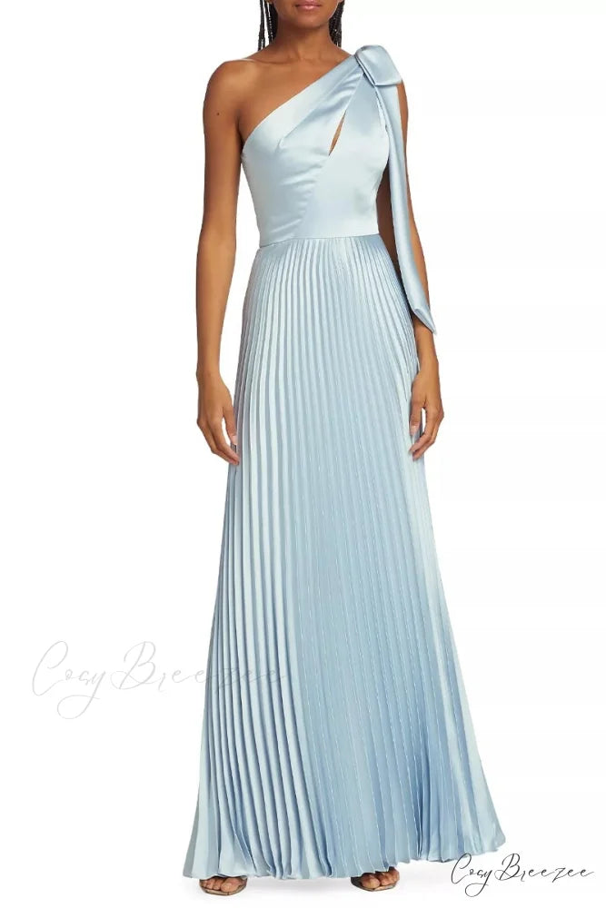 Lovely Evenings One-Shoulder Trendy Pleated Maxi Dress Light Blue / 2