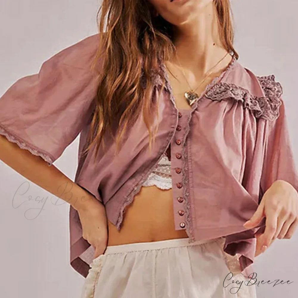 Low Cut Chiffon Frilled Lace Trim Blouse Lotus root color / XS blouse-250223