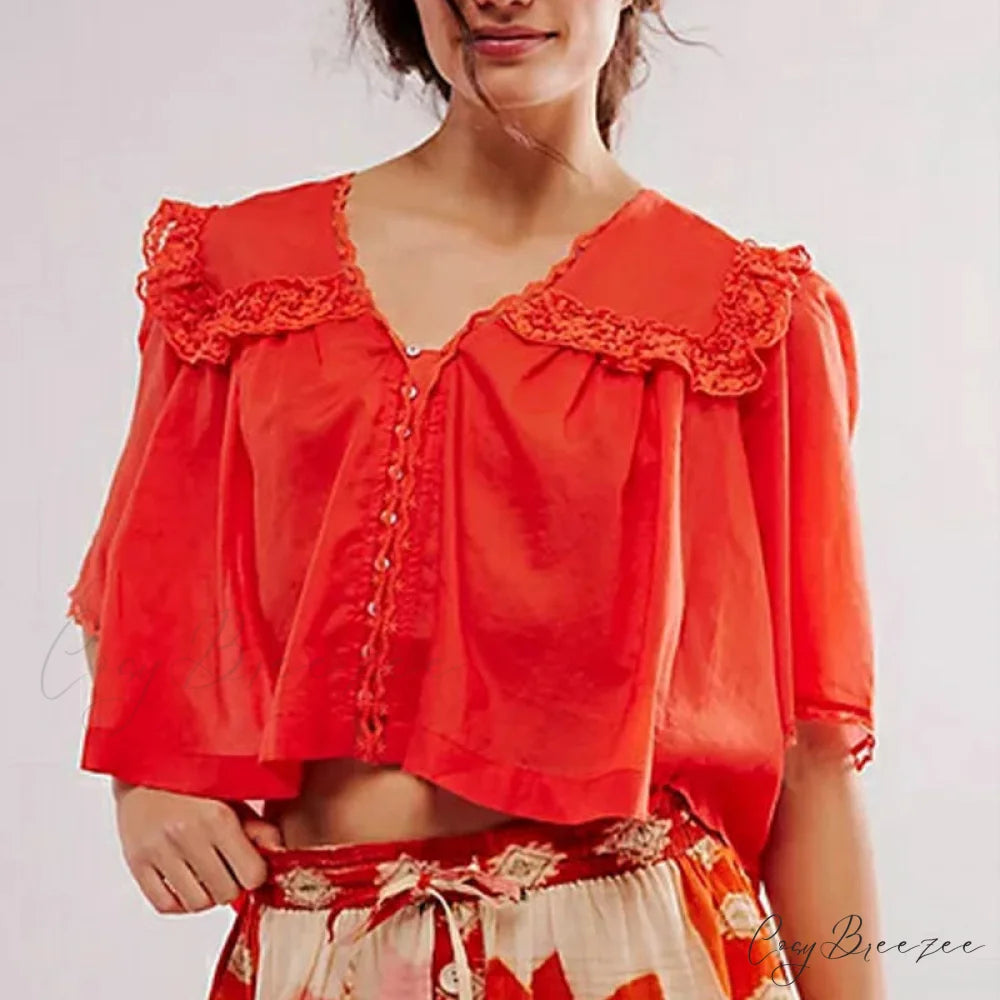 Low Cut Chiffon Frilled Lace Trim Blouse Red / XS blouse-250223