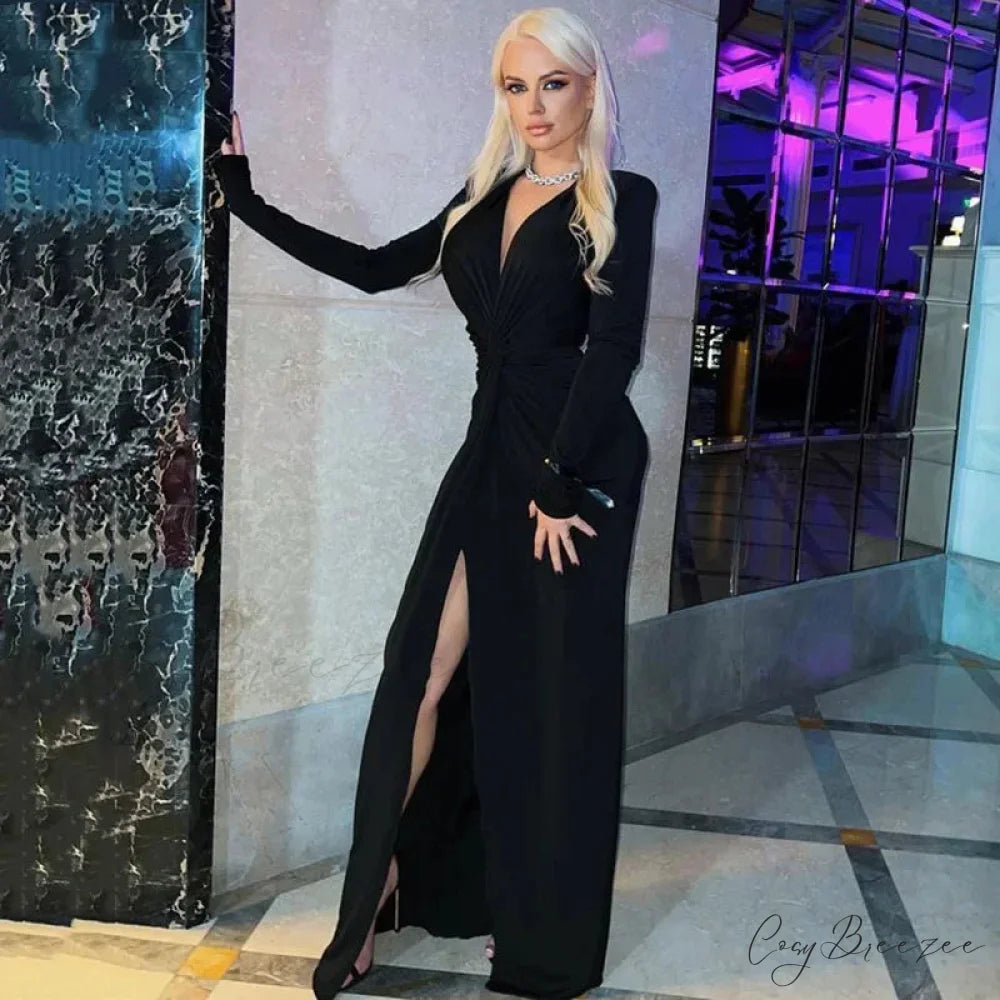 Low Cut Long Sleeve Split Deep Neck Ruched Elegant Midi Dress Black / S