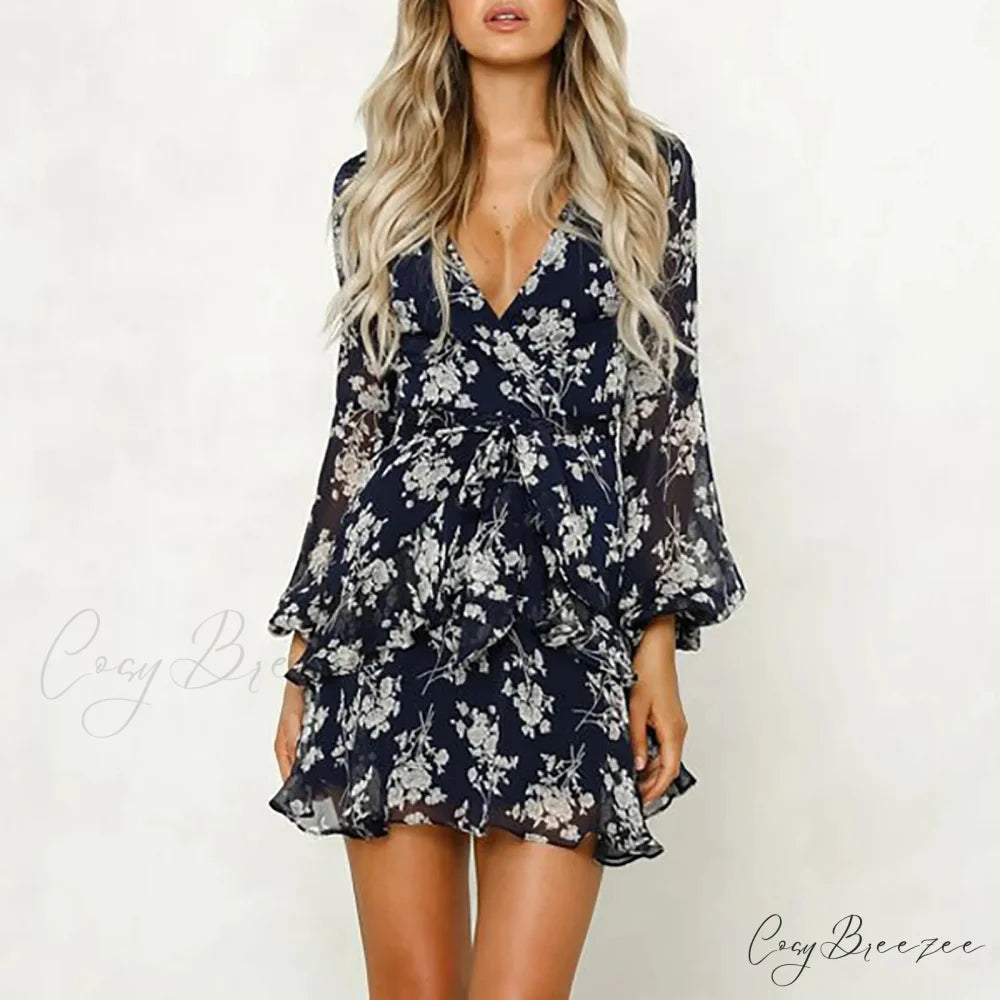 Low Cut V-Neck Bohemian Lace-Up Dress Blue / S floraldress-250126