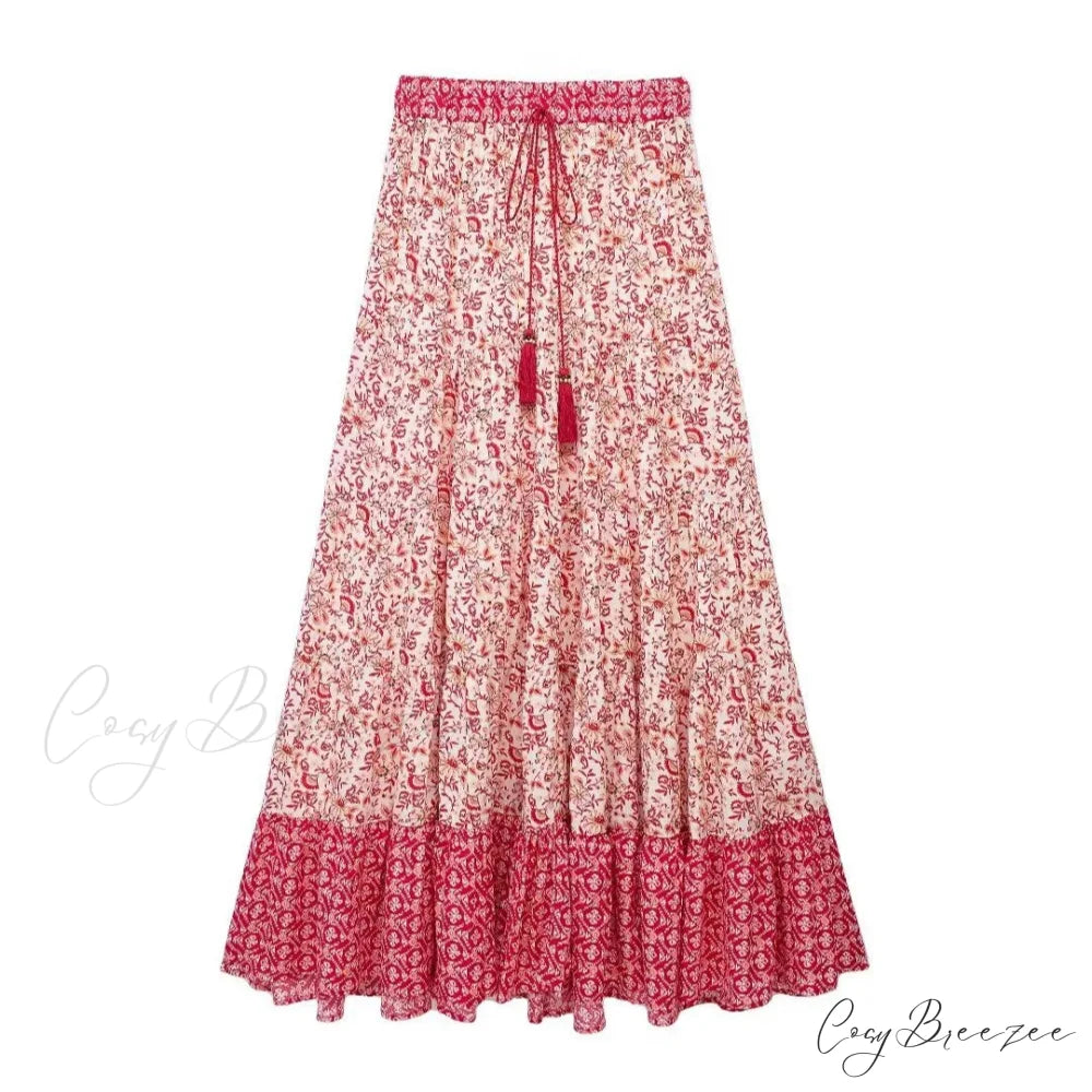 Low Waist A-line Beach Skirt Floral Red Maxi Ruffled Holiday skirt-250126