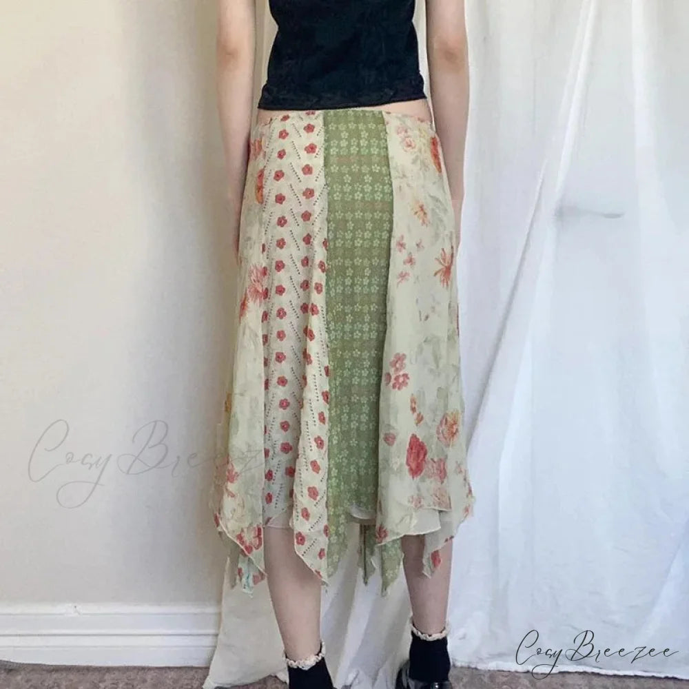 Low Waist Boho Skirts Irregular Length Floral Chiffon Vacation skirt-250126