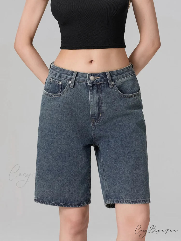 Low Waist Straight-Leg Denim Shorts blue / S short-250223