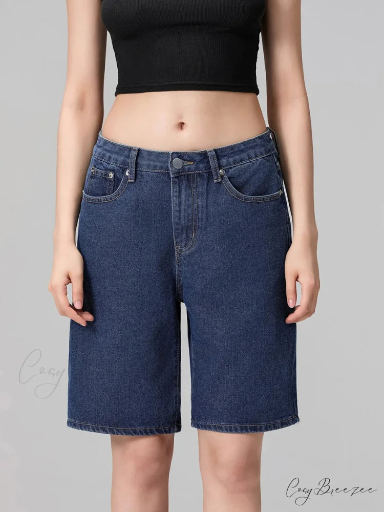 Low Waist Straight-Leg Denim Shorts dark blue / S short-250223