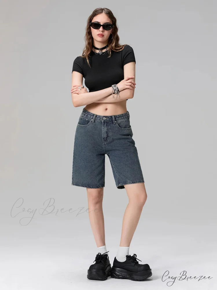 Low Waist Straight-Leg Denim Shorts short-250223
