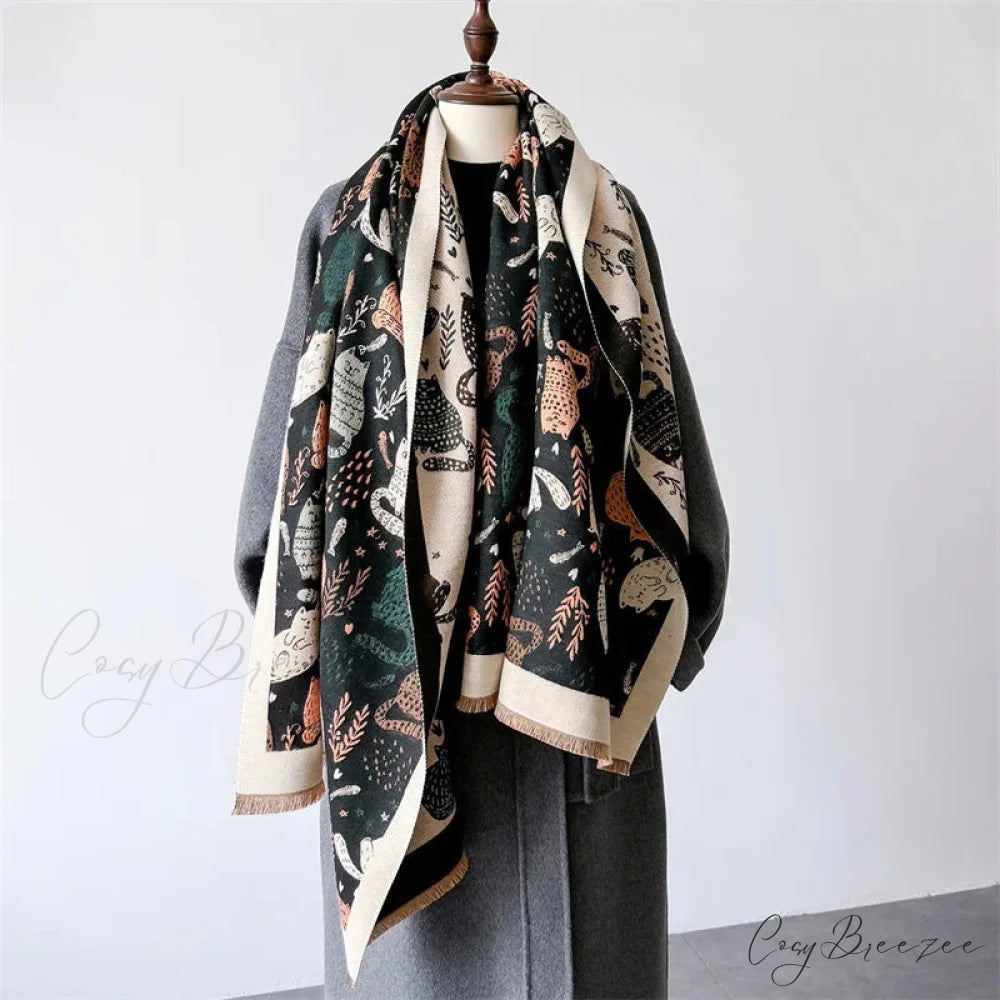 Luxurious Cat Print Cashmere Thick Scarf black scarf-241228