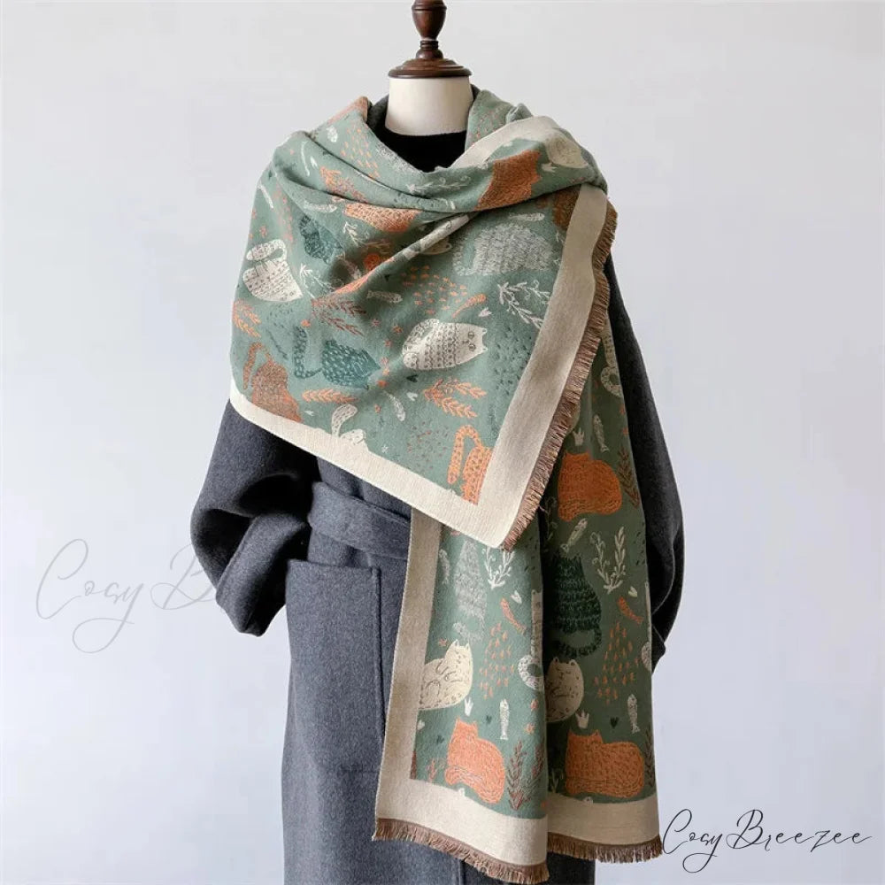 Luxurious Cat Print Cashmere Thick Scarf green scarf-241228