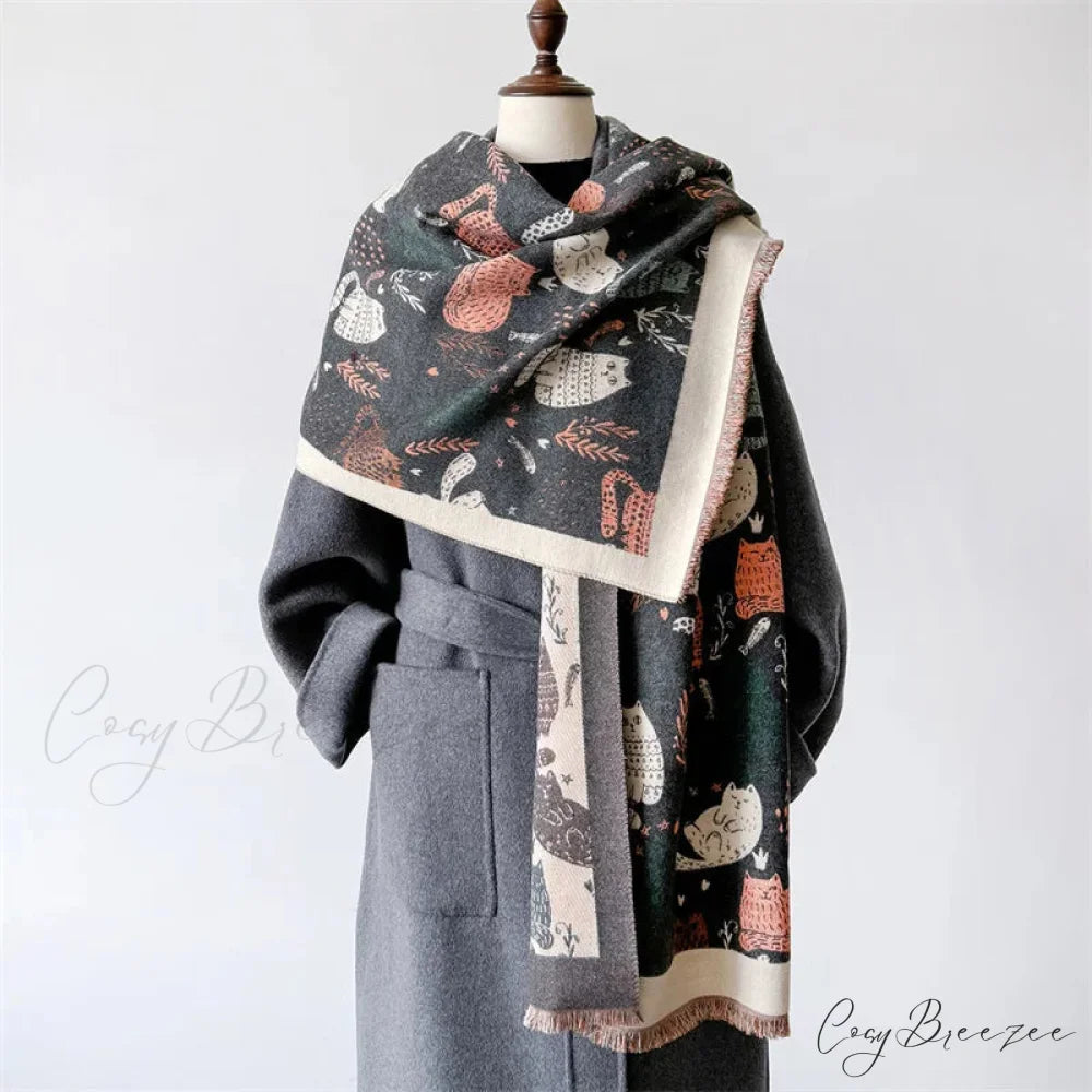 Luxurious Cat Print Cashmere Thick Scarf grey scarf-241228