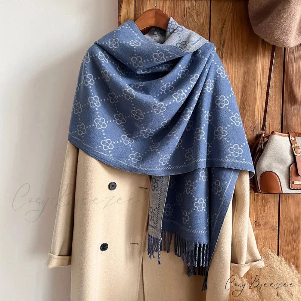 Luxurious Floral Cashmere Winter Scarf blue scarf-241228