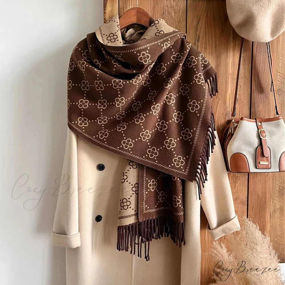Luxurious Floral Cashmere Winter Scarf coffee scarf-241228