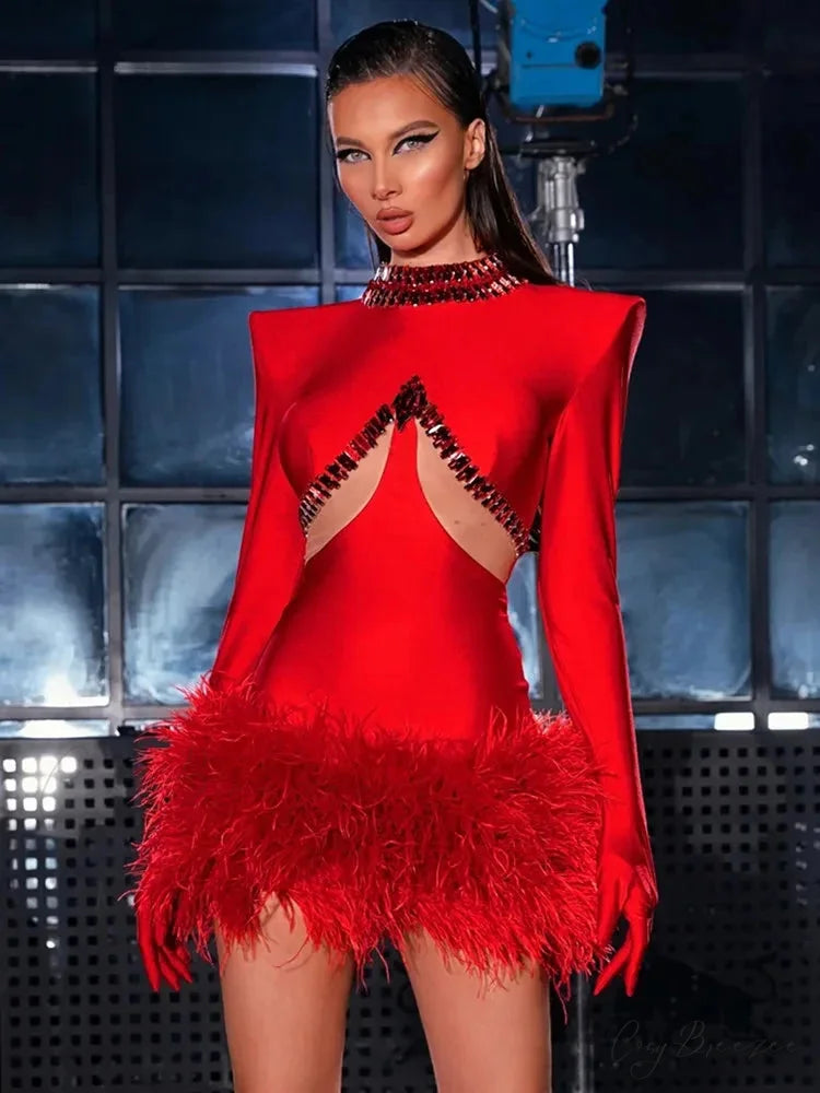 Luxury Beading Feather Mini Party Dress Red / S