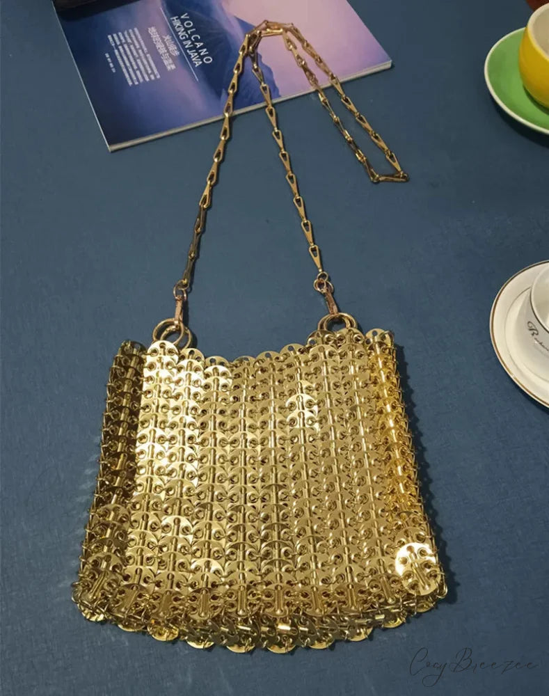 Luxury Designer Hand Woven Metal Chain Bag Large Gold shoulder-250126
