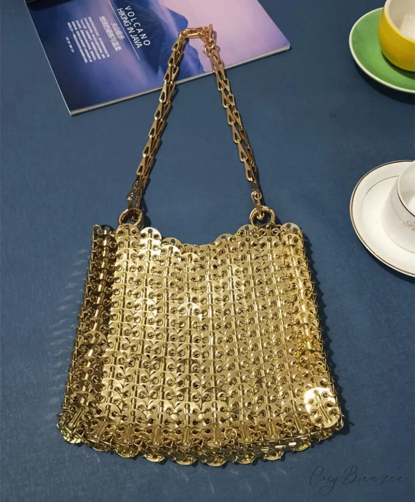 Luxury Designer Hand Woven Metal Chain Bag Large Gold5 shoulder-250126
