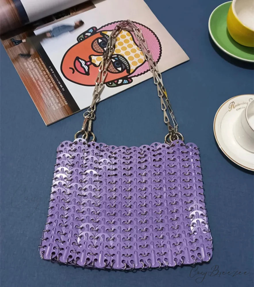 Luxury Designer Hand Woven Metal Chain Bag Large Purple shoulder-250126
