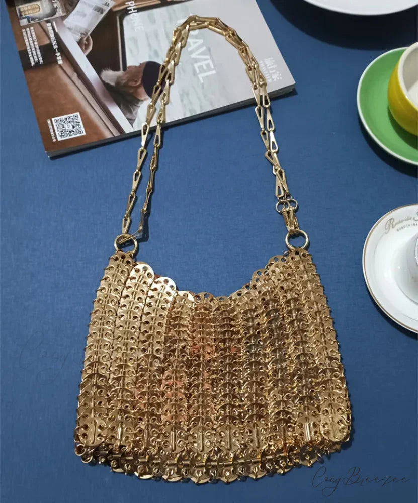 Luxury Designer Hand Woven Metal Chain Bag Large Rose Gold shoulder-250126