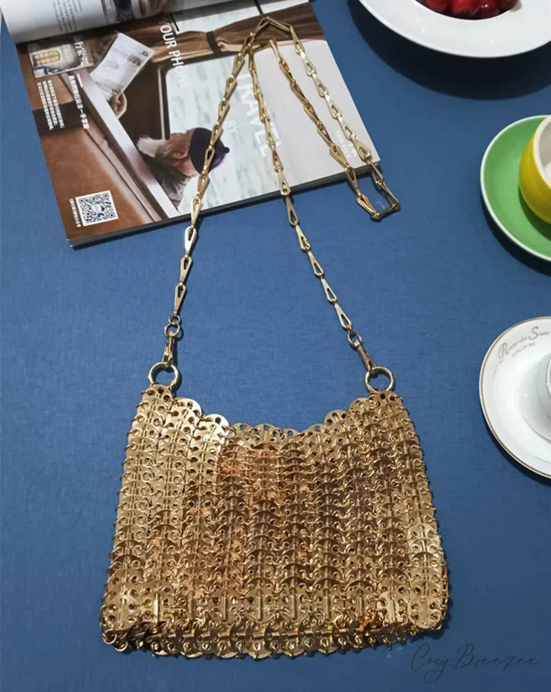 Luxury Designer Hand Woven Metal Chain Bag Large Rose Gold4 shoulder-250126