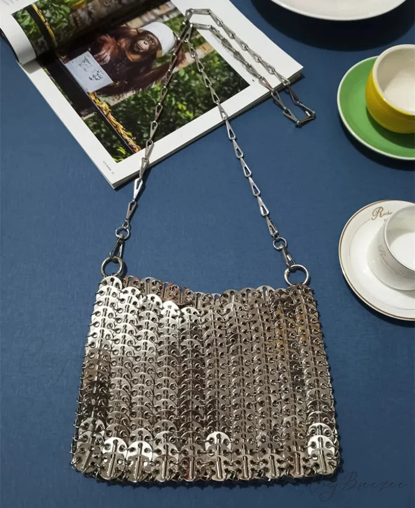 Luxury Designer Hand Woven Metal Chain Bag Large Silver shoulder-250126