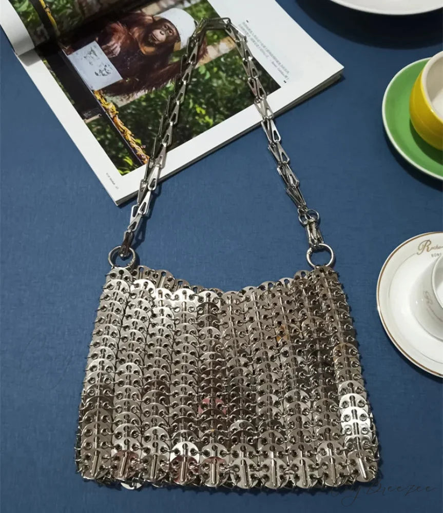 Luxury Designer Hand Woven Metal Chain Bag Large Silver2 shoulder-250126