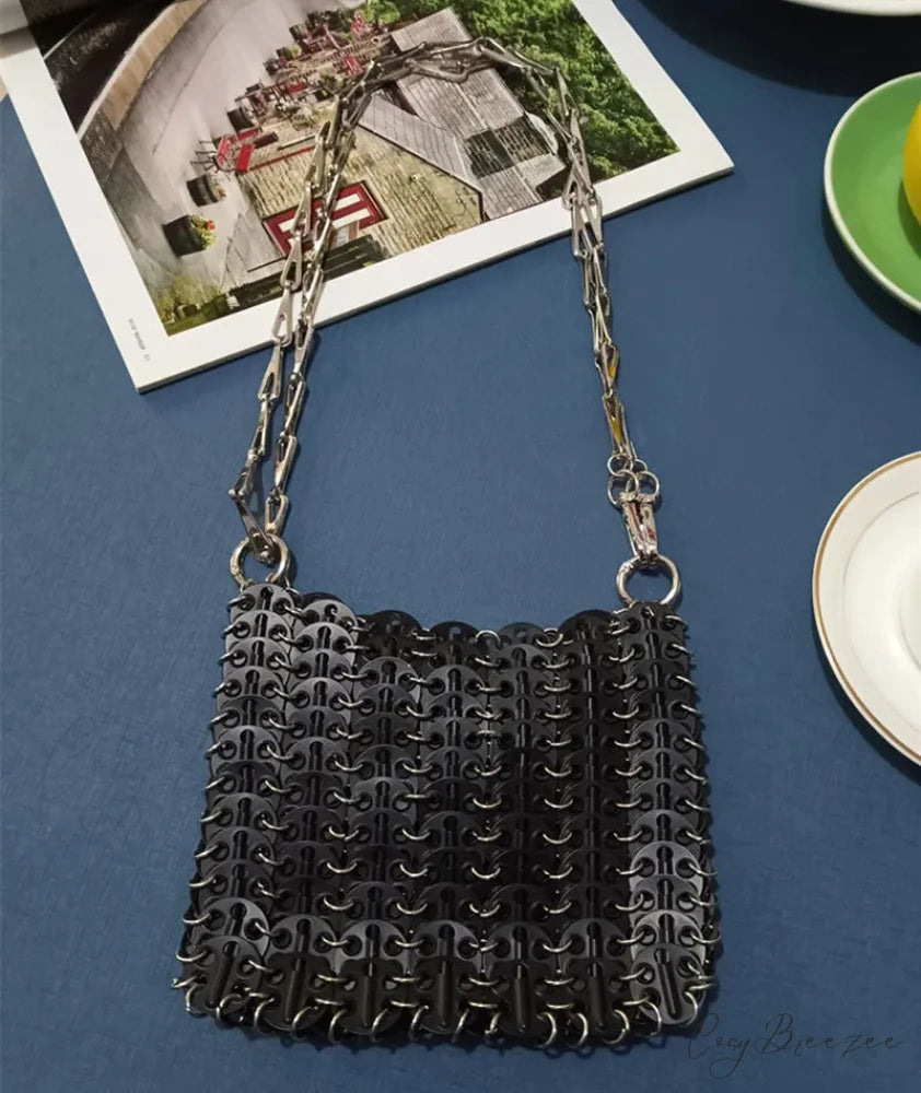 Luxury Designer Hand Woven Metal Chain Bag Medium Black shoulder-250126