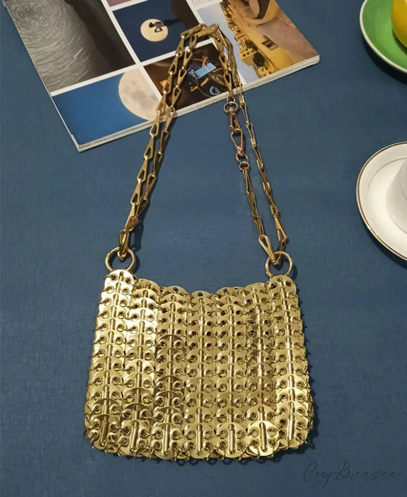 Luxury Designer Hand Woven Metal Chain Bag Medium Gold shoulder-250126