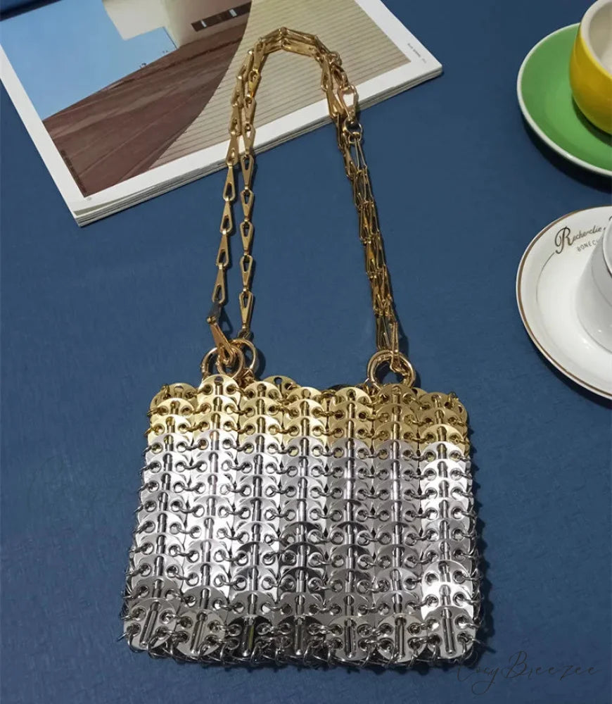 Luxury Designer Hand Woven Metal Chain Bag Medium Gold Silver shoulder-250126