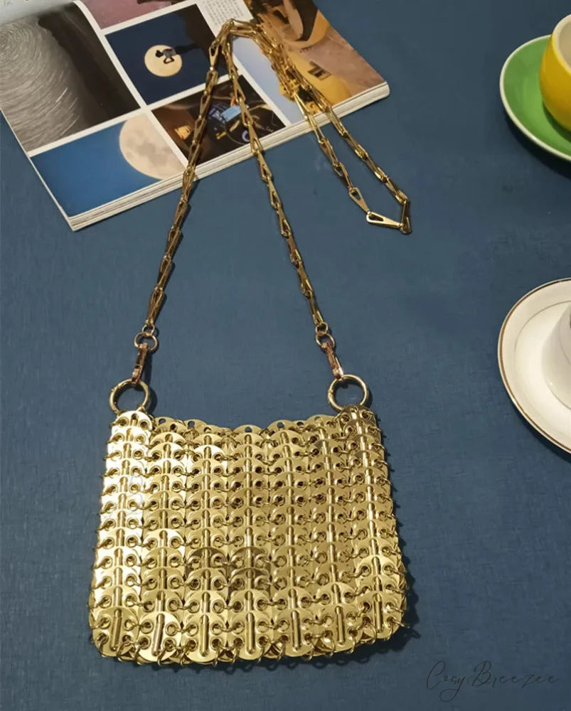 Luxury Designer Hand Woven Metal Chain Bag Medium Gold1 shoulder-250126