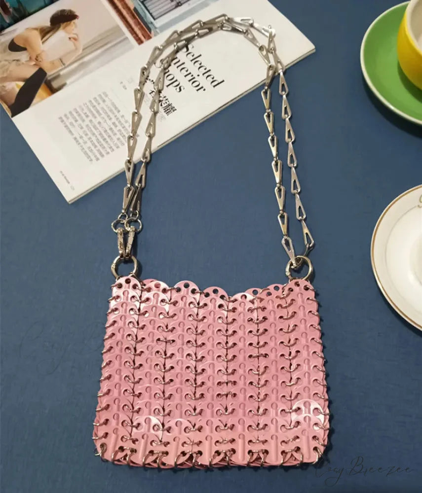 Luxury Designer Hand Woven Metal Chain Bag Medium Pink shoulder-250126