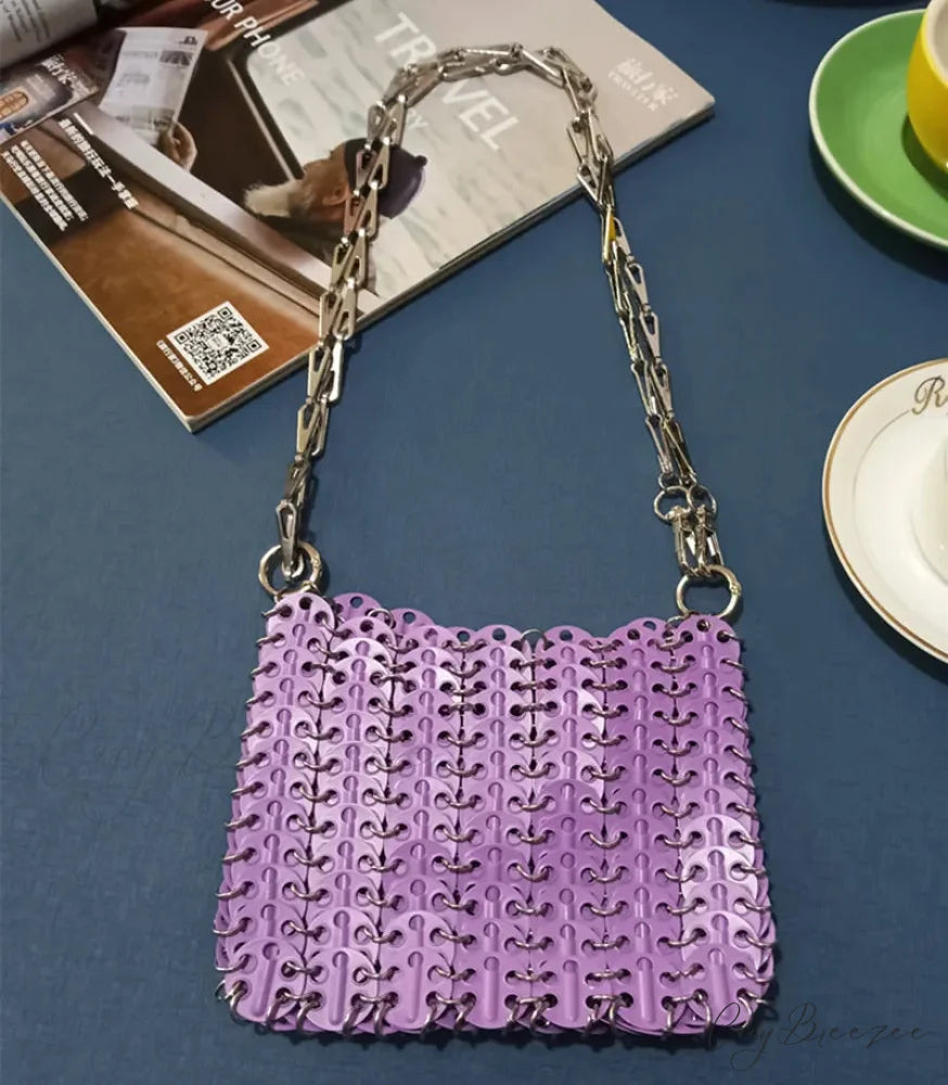 Luxury Designer Hand Woven Metal Chain Bag Medium Purple shoulder-250126