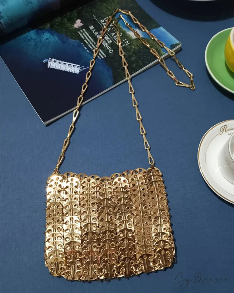 Luxury Designer Hand Woven Metal Chain Bag Medium Rose Gold shoulder-250126