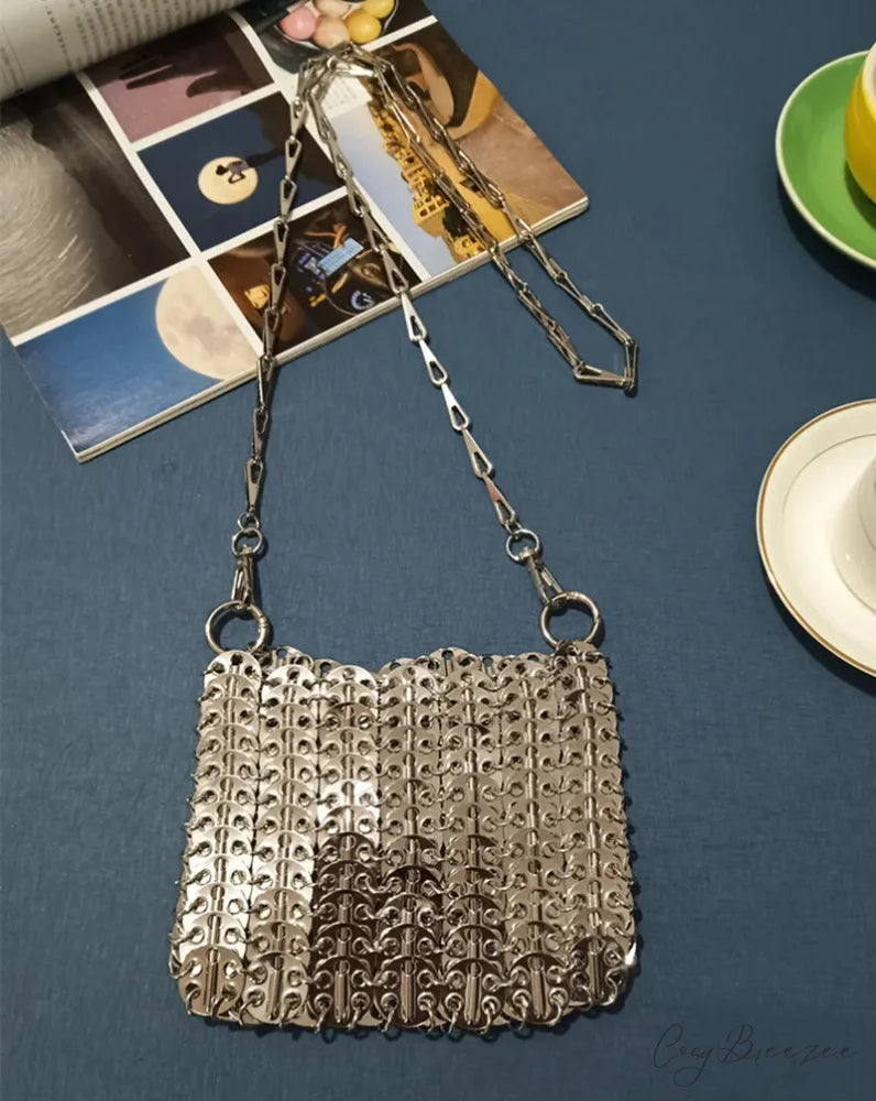 Luxury Designer Hand Woven Metal Chain Bag Medium Silver shoulder-250126