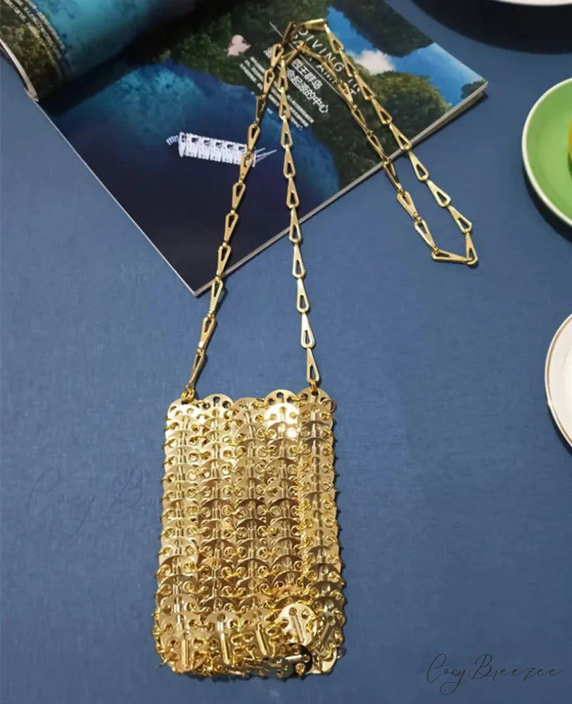 Luxury Designer Hand Woven Metal Chain Bag Small Gold shoulder-250126