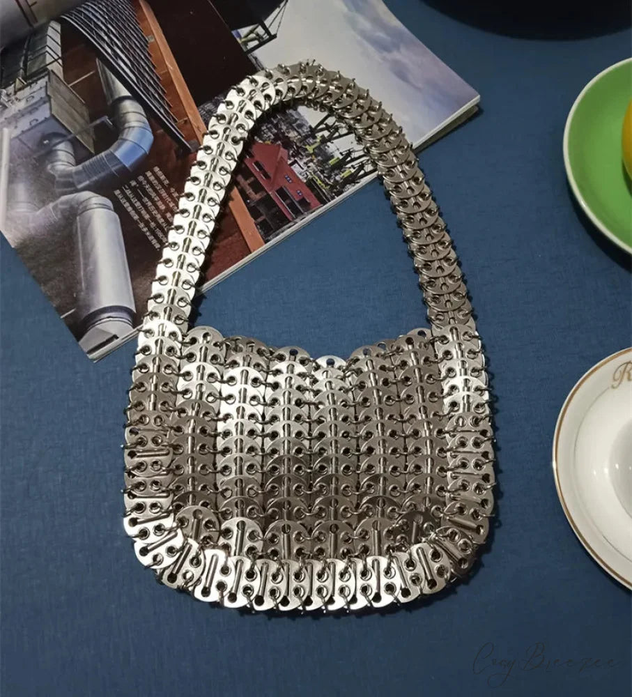 Luxury Designer Hand Woven Metal Chain Bag Thick Silver shoulder-250126