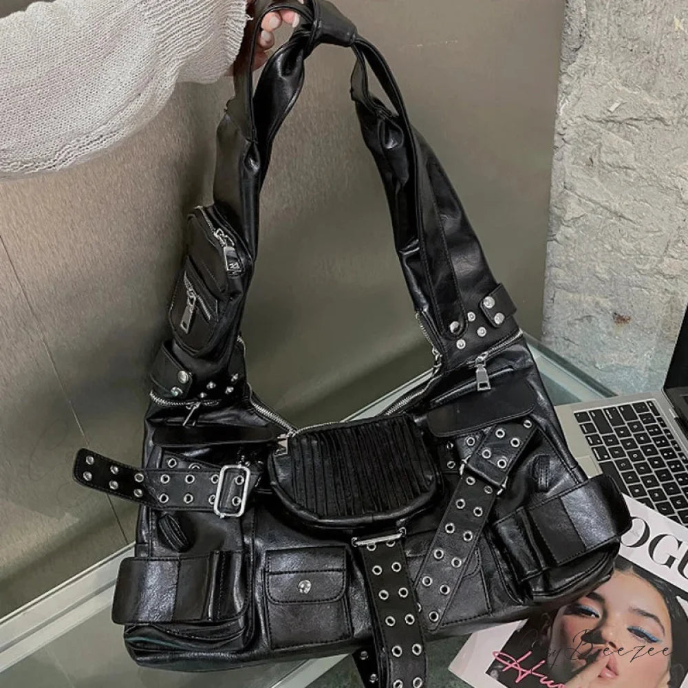 Luxury Designer Multiple Pockets Rivet Wide Strap Knot Shoulder Moto Bag Black / 30cm