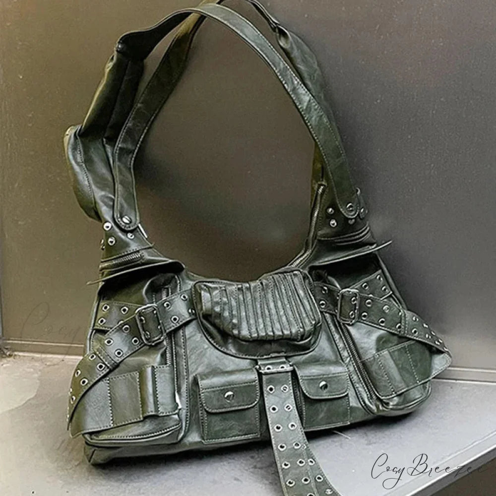 Luxury Designer Multiple Pockets Rivet Wide Strap Knot Shoulder Moto Bag Green / 30cm