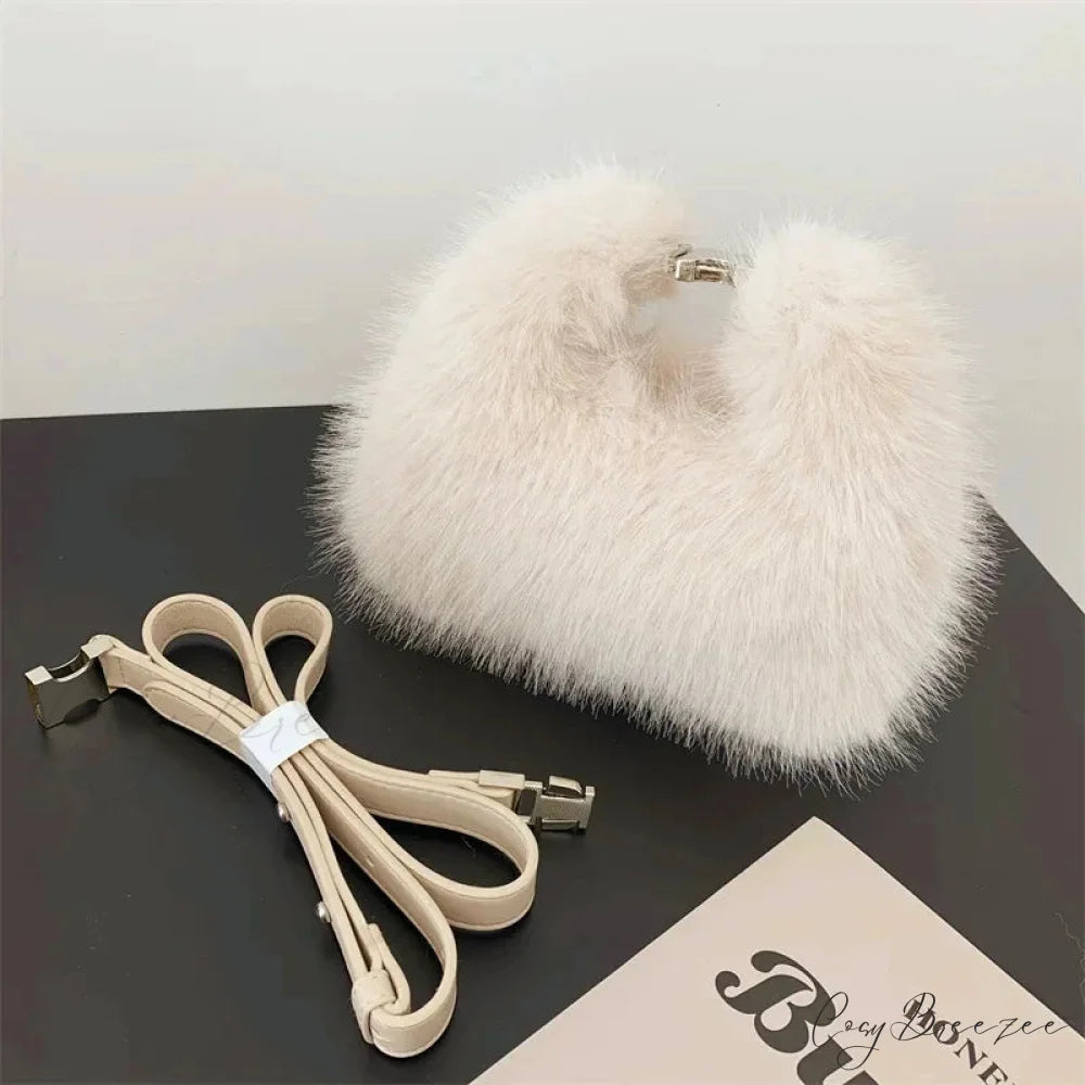 Luxury Faux Fur Evening Crossbody Clutch Handbag apricot handbag-250126