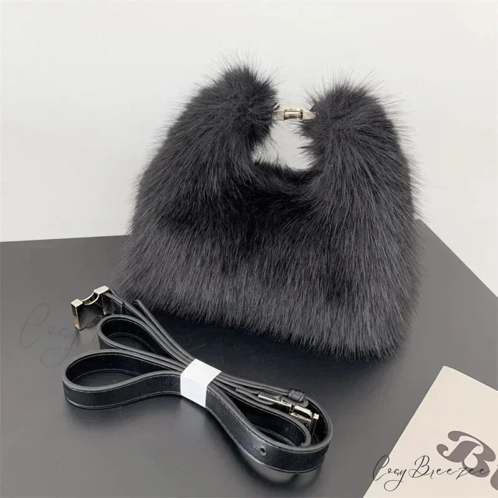 Luxury Faux Fur Evening Crossbody Clutch Handbag Black handbag-250126